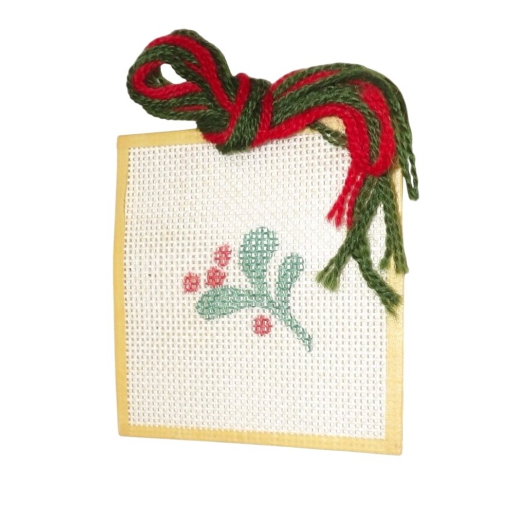 Vintage Hand Painted Canvas Needlepoint Mistletoe Christmas Ornament